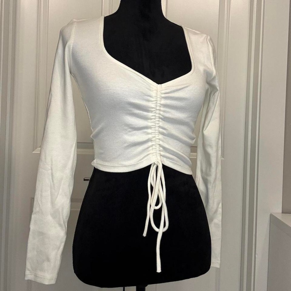 ZARA‎ White Ruched Front Long Sleeve Top — M